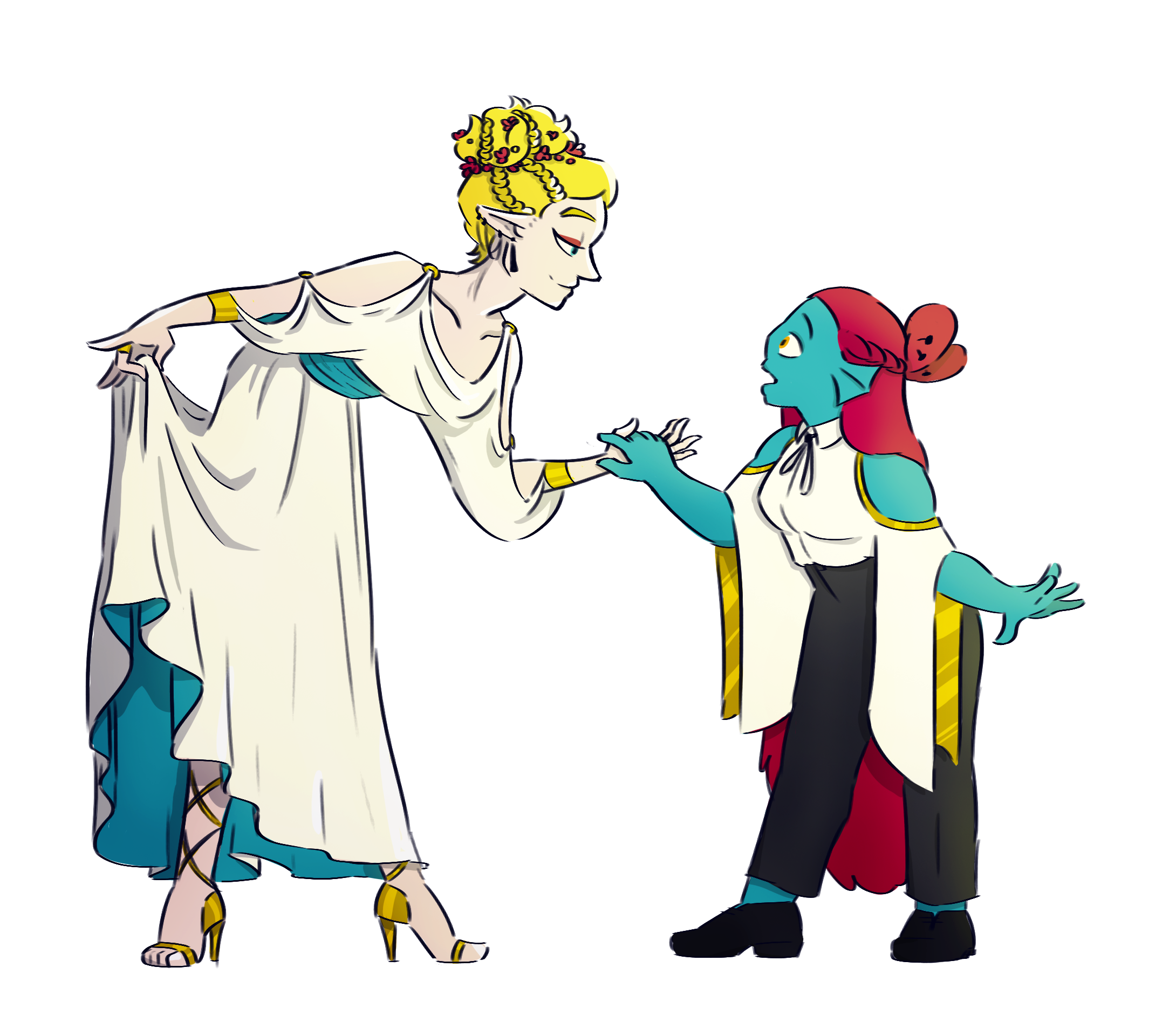 Costume exploration for formal event in story <br> As a couple, their colours were structured to be complementary