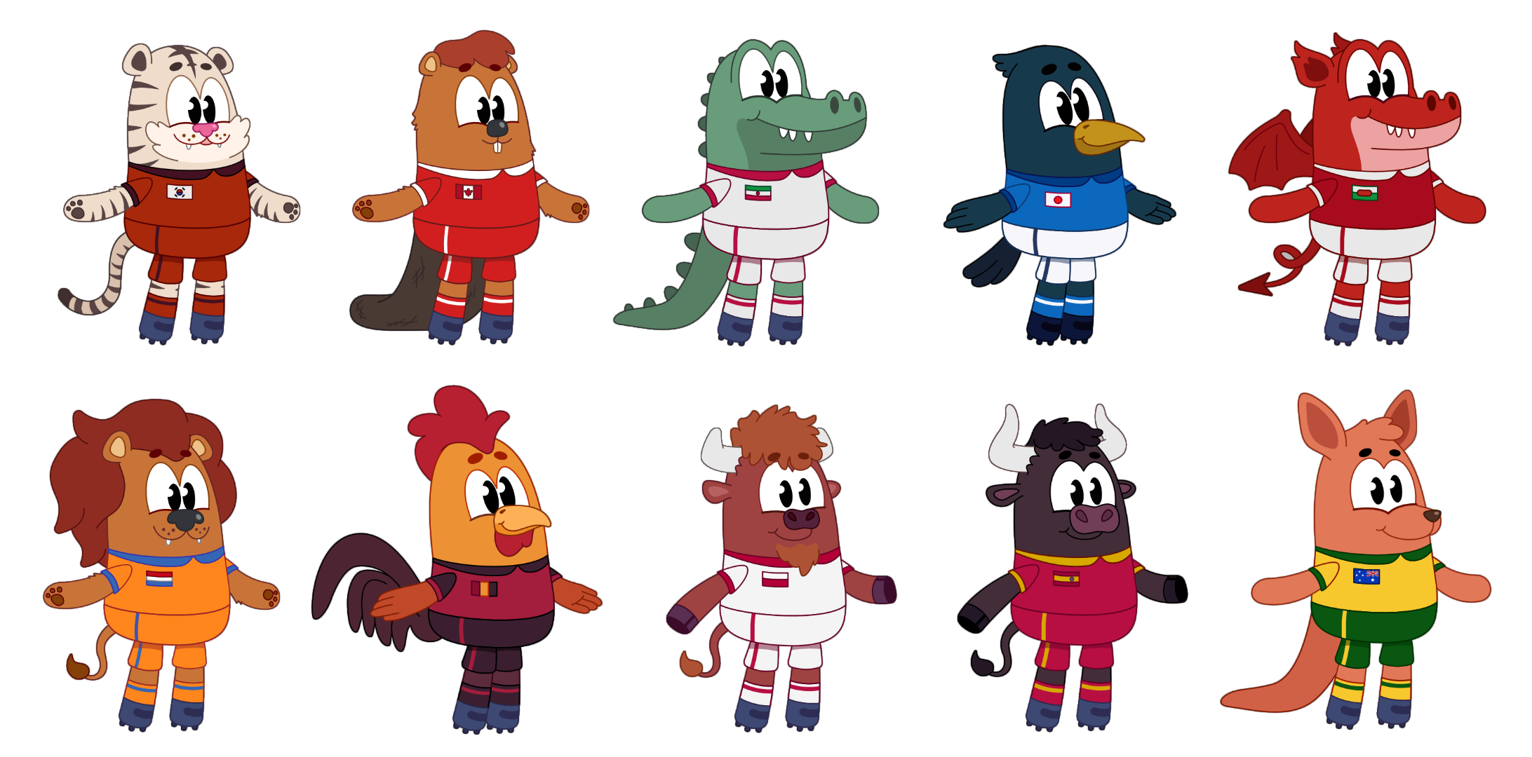 Football mascots for several countries in the worldcup, using their national animal